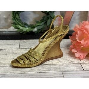 Vintage Gold Wedge Shoe Sandal Collectable Decorative Figurine Hanging Rare 3.5"